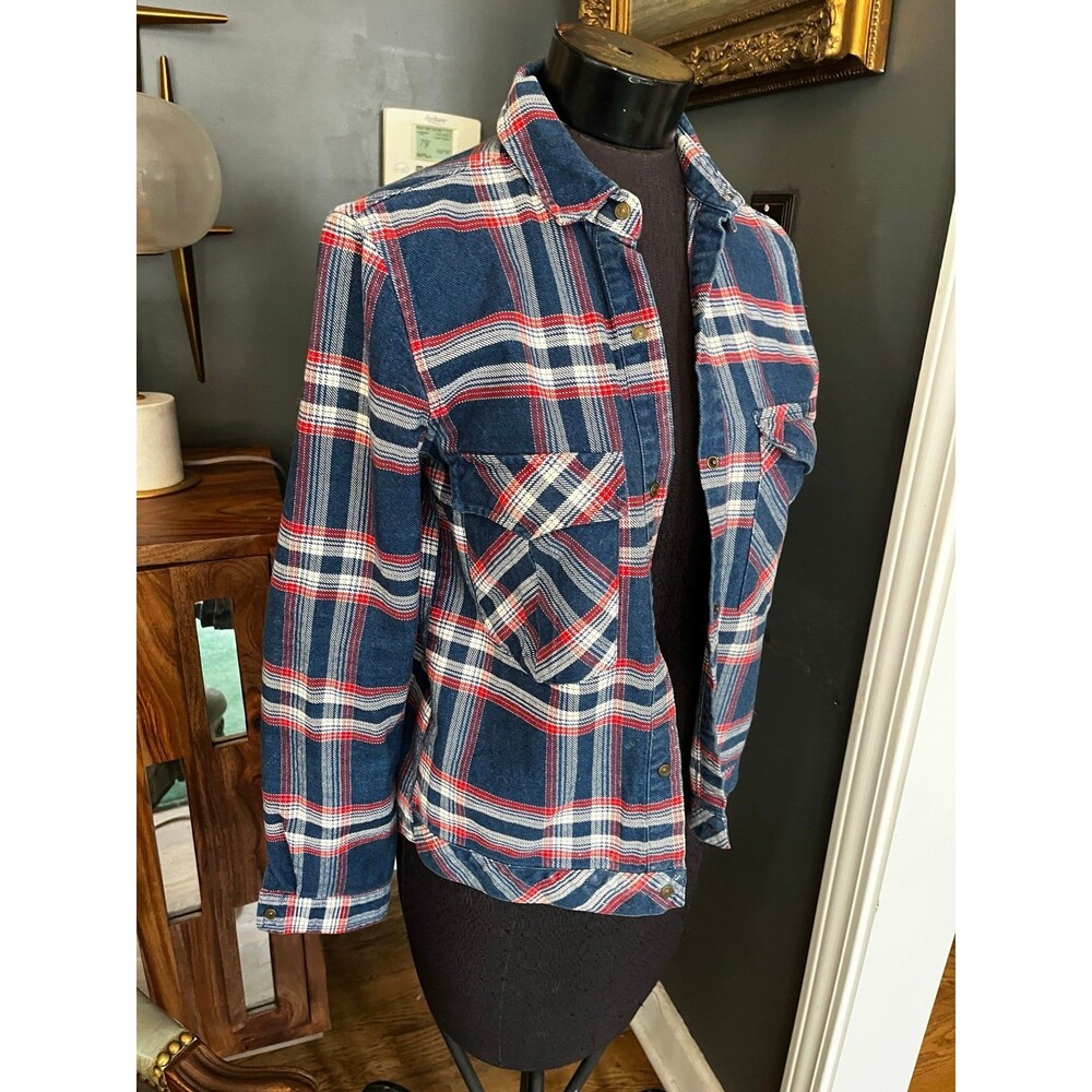 Zara Woman Plaid Denim Western Cut crop jacket Snap front Flap pockets sz XS